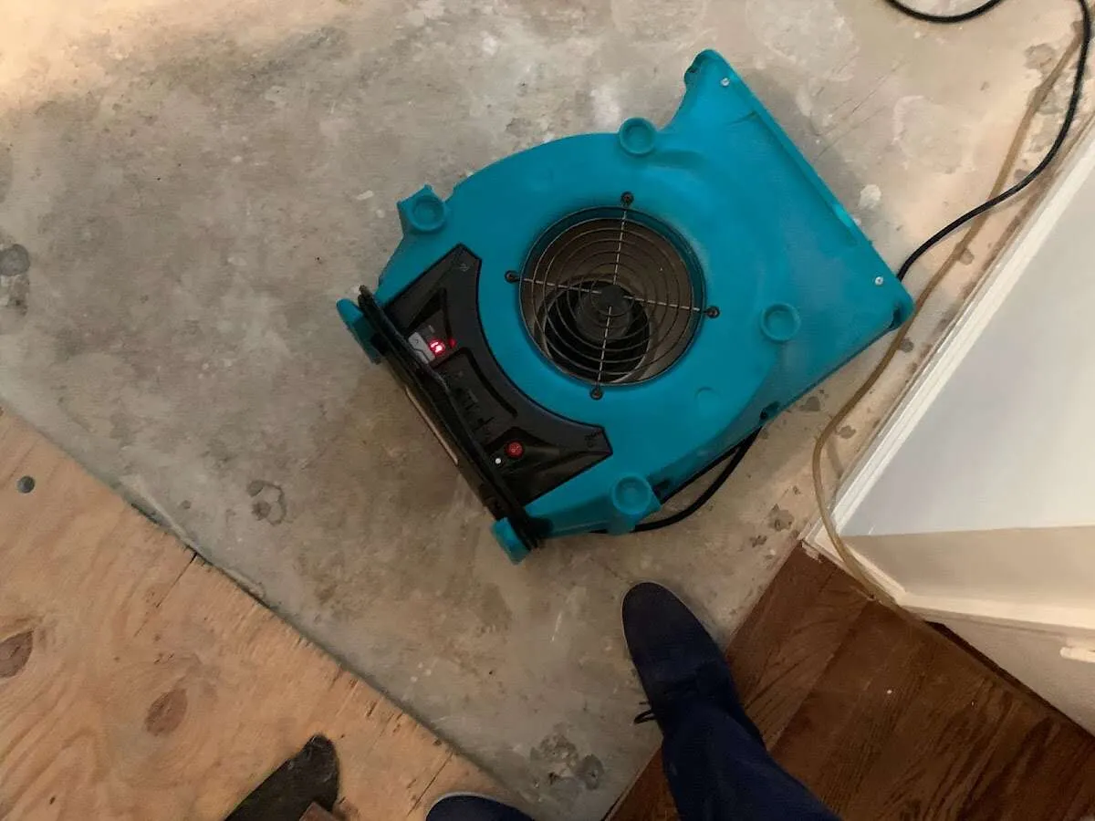 Air mover drying subfloor during Commercial Water Damage Restoration in White Lake
